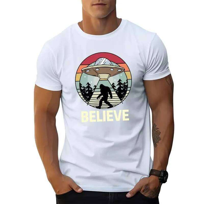 Men Women Short Sleeve Crew Neck T-Shirt Flying Saucer with Portholes Print Silhouette Forest Trees Backdrop X260209