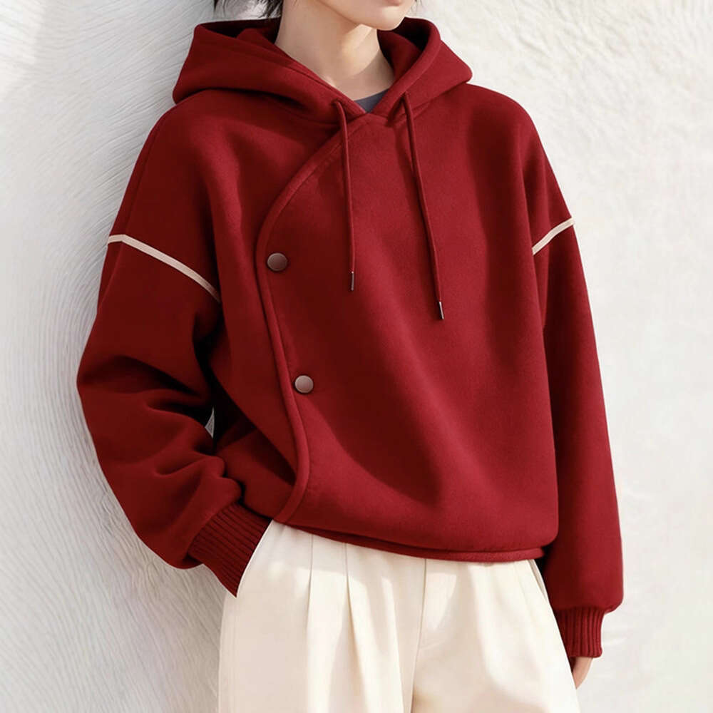 New Autumn And Winter Loose Lazy Style Christmas Red Hooded Irregular Thickened Fleece Sweatshirt Jacket For Women