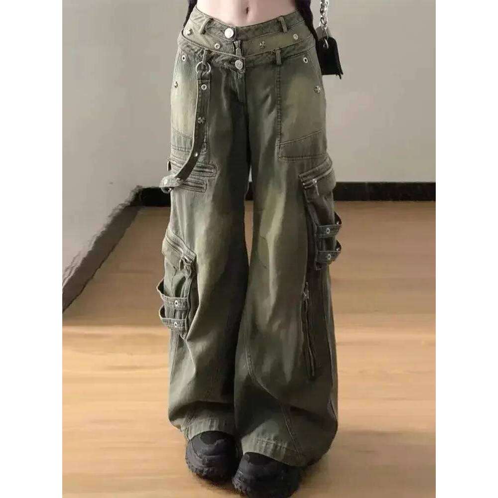 Loose Retro Washed Cargo Streetwear Zipper Baggy Hiphop Straight Pants Multi-pocket Wide Leg Jeans Women