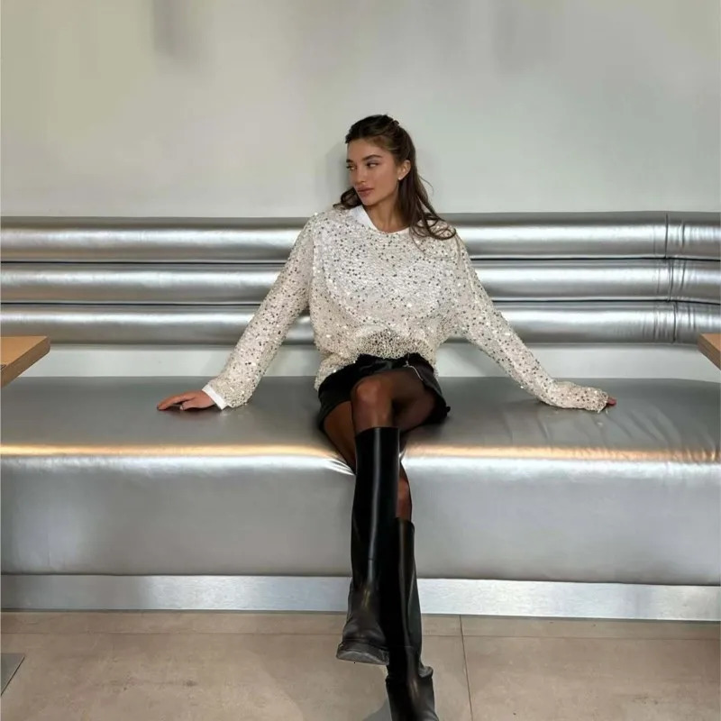 Fashion Sexy See Through Hollow Out Shiny Tops Women Round Neck Loose Sequins Glitter Pullover Chick Chic Outfits 250203