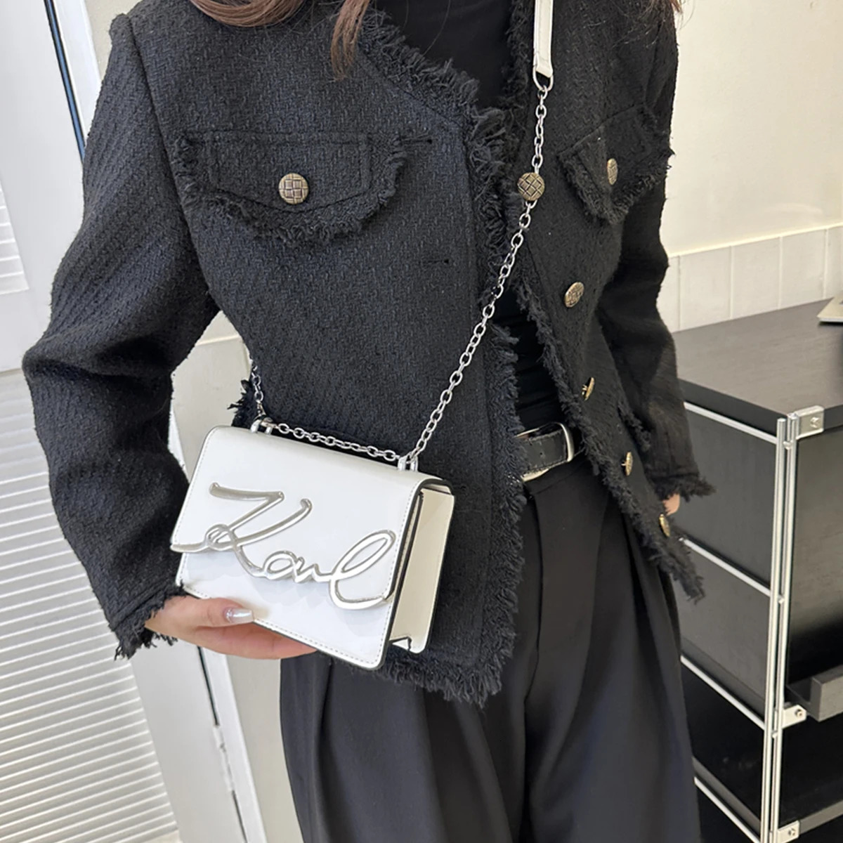 Fashionable Crossbody Bag Solid Color Shoulder Metal Letter ChainLink Strap Featuring Magnetic Button for Daily Use 260208