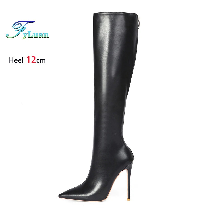 Black Pointed Boots For Woman 12CM Stiletto Fashion Women Party Winter Shoes Plus Size 43 44 45 Back Zipper Midcalf 260208