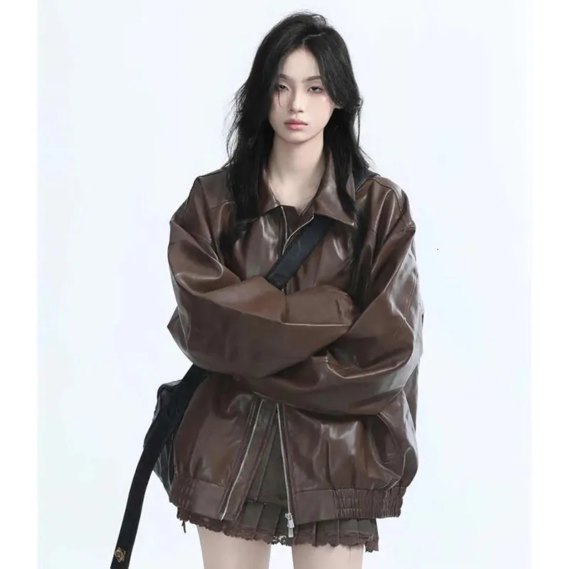 Retro Ladies Fashion Zipper Faux Leather Jacket Spring Autumn Women Long Sleeves Leather Coat 2025 Female PU Leather Outwear 260120