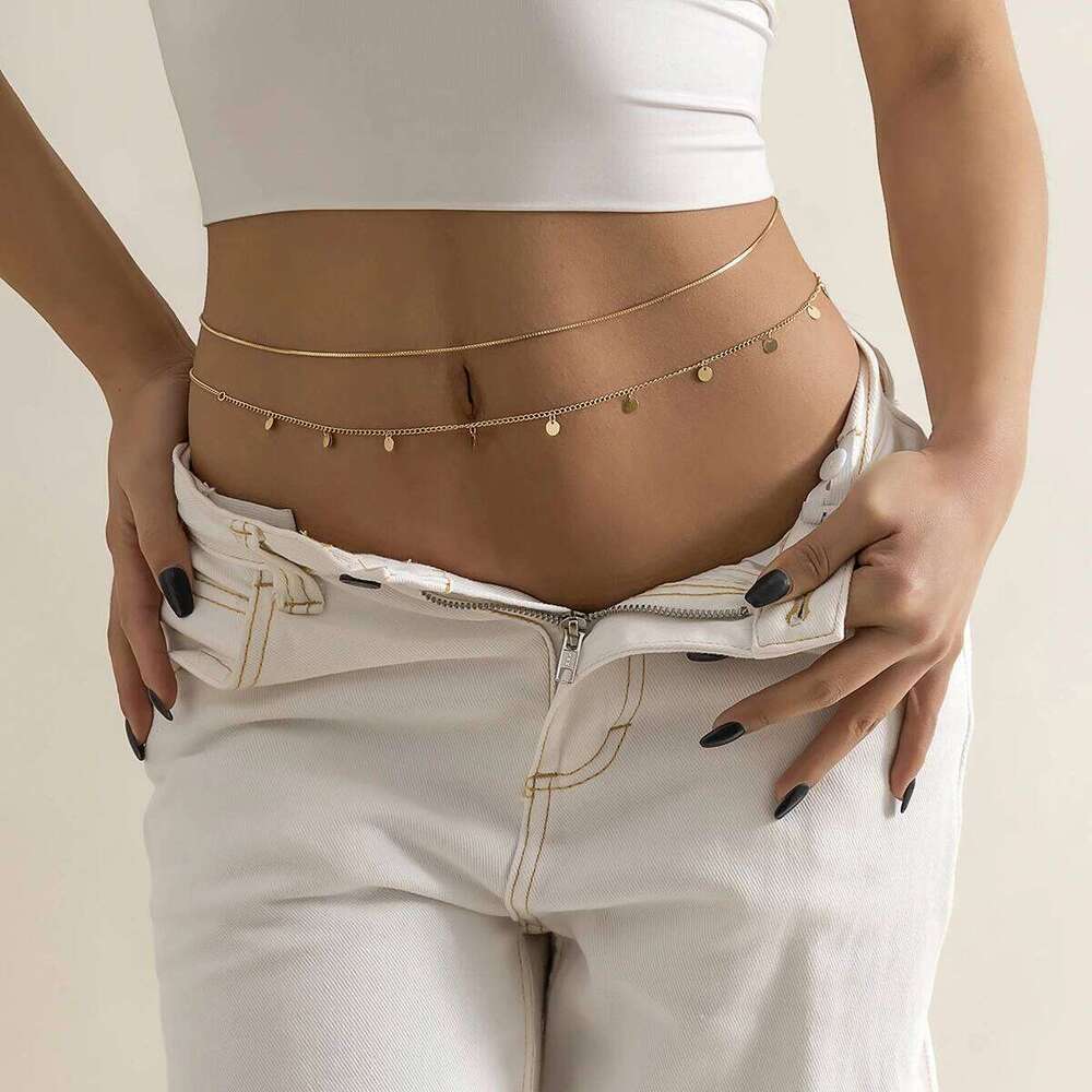 2Pcs/Set Sexy Sequins Belly Waist for Women Summer Bikini Gold Color Multilayer Thin Chain Body Jewelry Y2K Accessories X260209