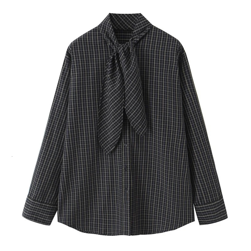 Autumn Scarf Collar Long Sleeve Single Breasted Plaid Shirts Women Versatile Fashionable Blouses Female Casual Chic Wear 260207