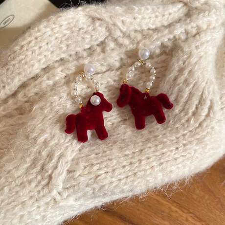 Earrings Cartoon Chinese New Year Style Flocked Horse Mascot with Red Pony and Pearl Drop for Festival Party Jewellery Gift High Quality Texture