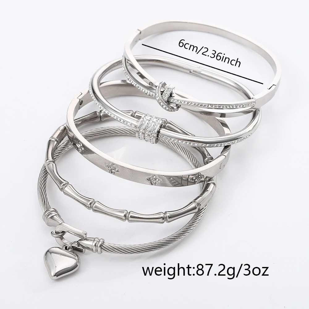 5PCS Classic Fashion Stainless Steel Cuff Bracelets Waterproof Silver Color Love Zircon Bangle Unique Jewelry Gifts 260206