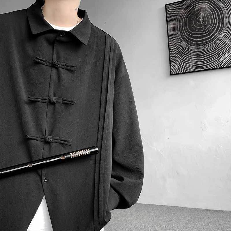 Mens Dial Buckle Solid Long Sleeve Shirt Chic Pleated Decor 2024 Spring New Loose Casual Traditional Chinese Style Clothing C260209