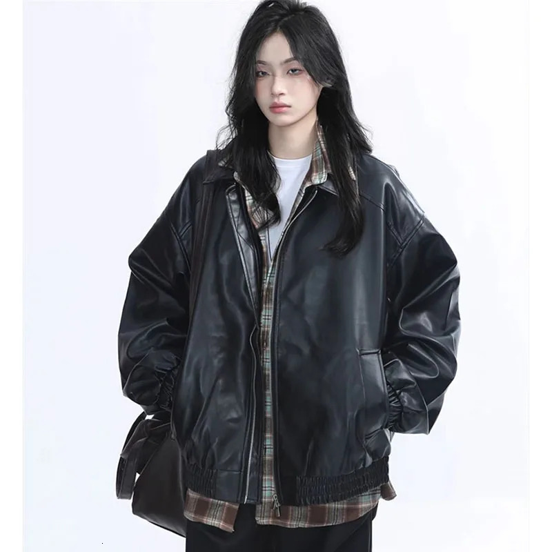Retro Ladies Fashion Zipper Faux Leather Jacket Spring Autumn Women Long Sleeves Leather Coat 2025 Female PU Leather Outwear 260120