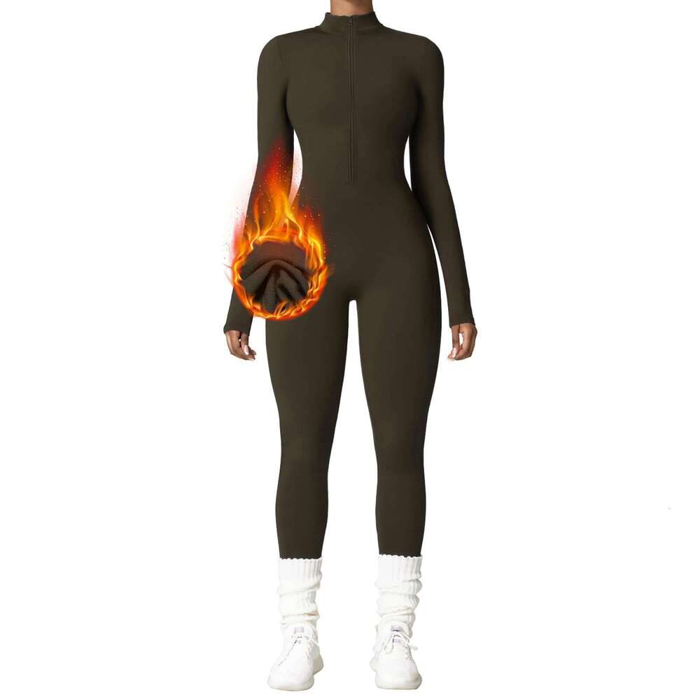 Fleece-lined warm cross-border yoga suit, long-sleeved, half-zip, high-intensity integrated sports one-piece fitness suit