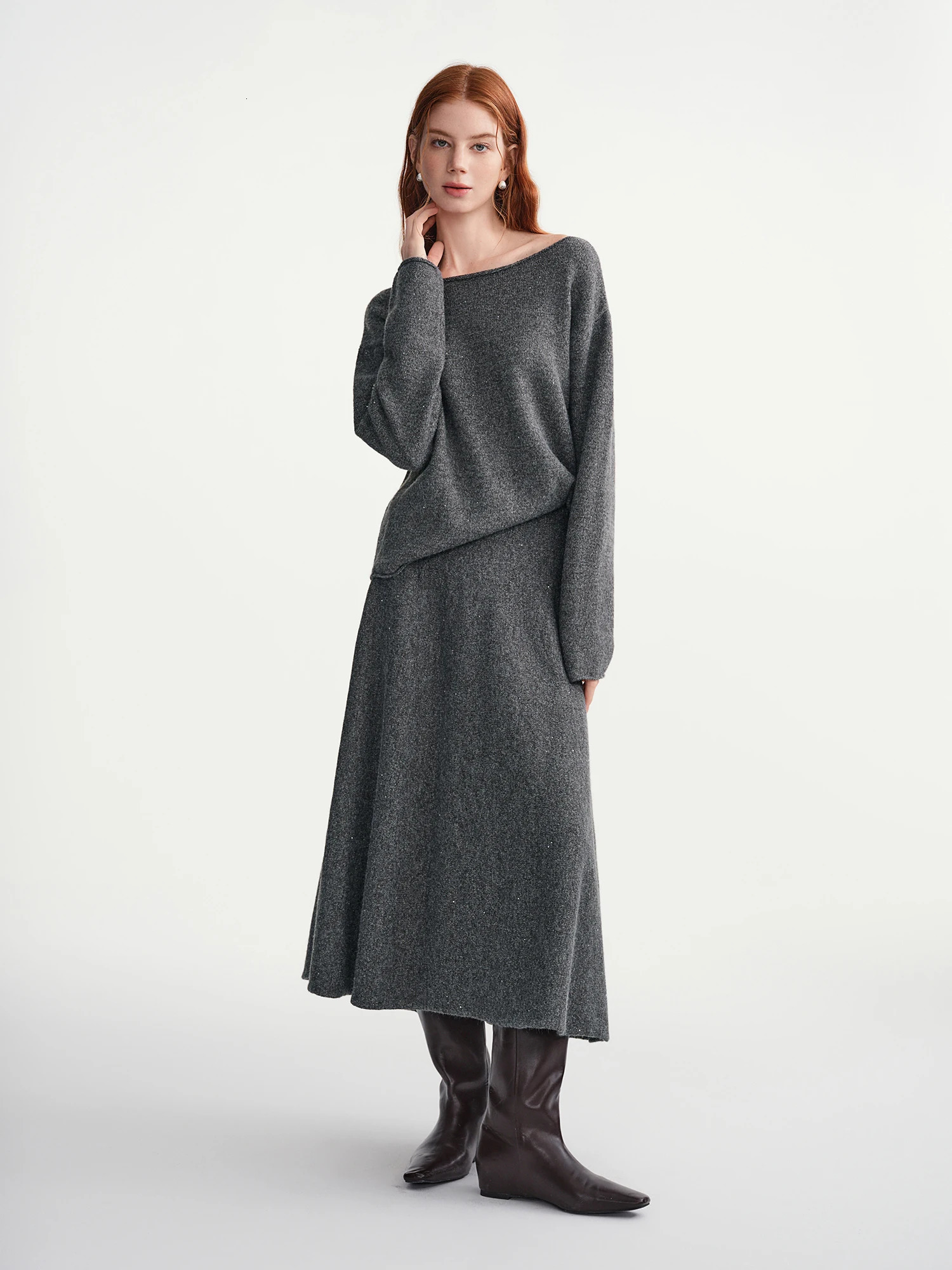 DUSHU Skirts sets Women Gray Slash Neck Loose Sweater Knitted Suit Commuting Office Lady Two-piece Winter Simple Unisex Ins 260208