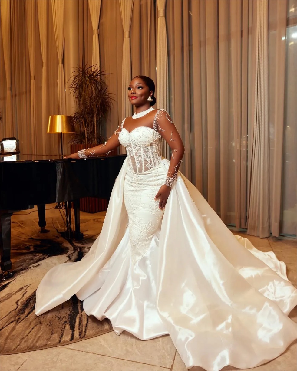 Arabic Aso Ebi Plus Size Mermaid Wedding Dress in Ivory with Lace Beaded Crystals and Detachable Train Church vestido de novia 0209