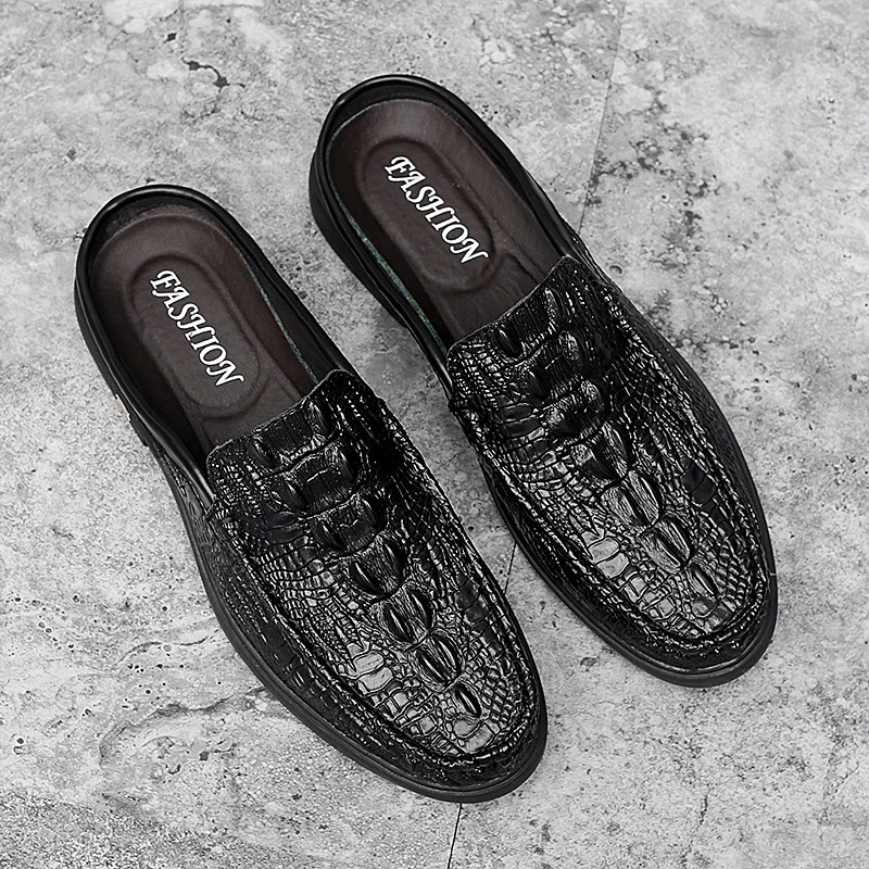 2024 Black Half Shoes for Men Leather Mules Casual Fashion Social Big Size Mocassin Elegantes Walking 260126