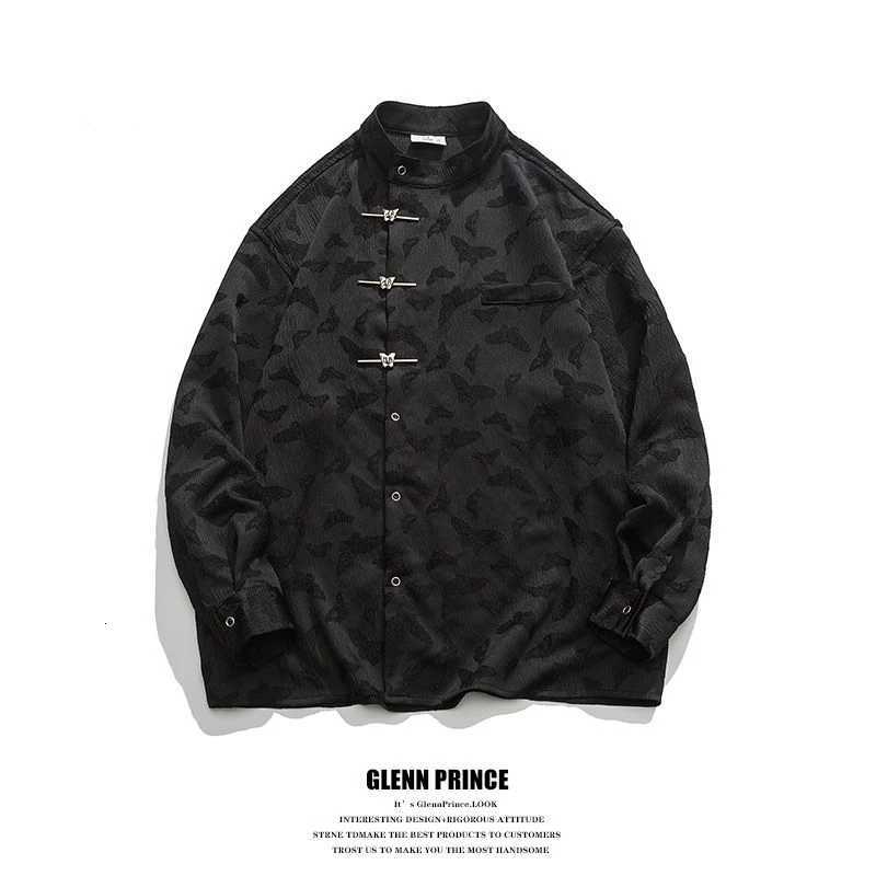 Spring Autumn Chinese Style Stand Collar Vintage Butterfly Buckle Shirt Male Loose Casual Jacquard All-match Blouse Hombre Tops C260209