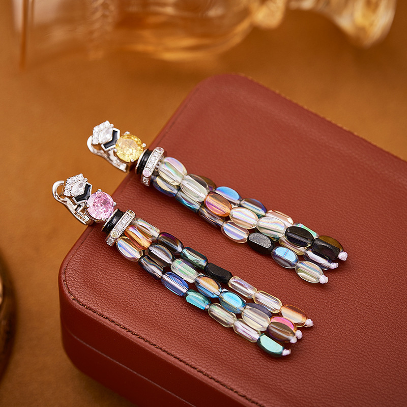 Earrings Colorful Seed Bead Tassel Earrings, Gold-Plated Earrings, Celebrity-Inspired, Light Luxury Texture, Women's Evening Earrings