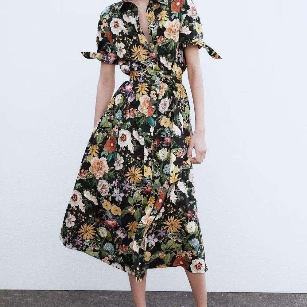 26 Spring/Summer French Elegant Long Floral Print Poplin Midi Dress With Bow Detail 2944216