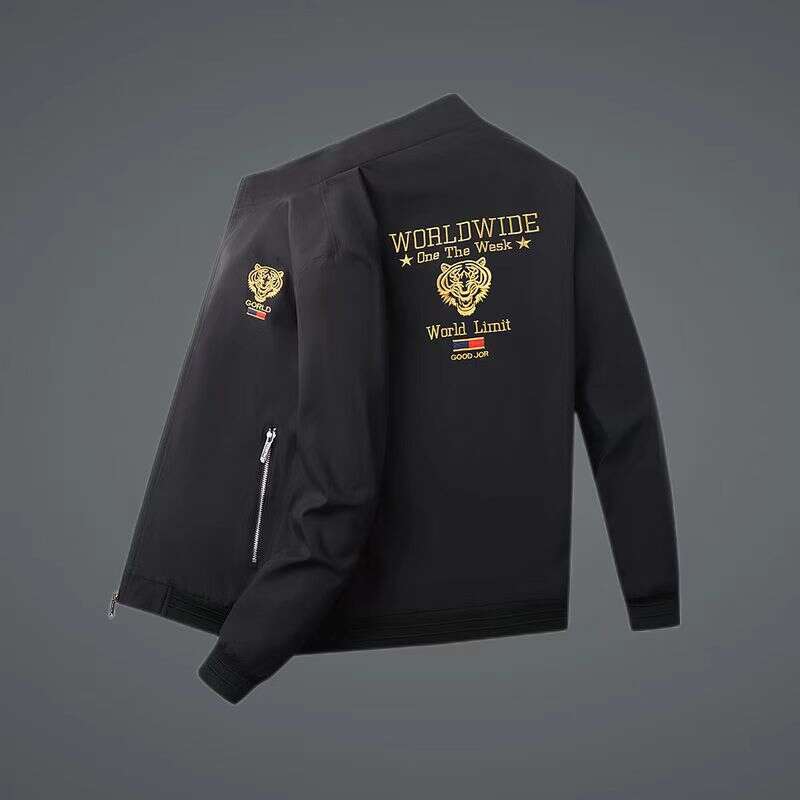 Spring And Autumn Jacket With Tiger Head Embroidery, Trendy Brand Men's Clothing, Stand-Up Collar Jacket