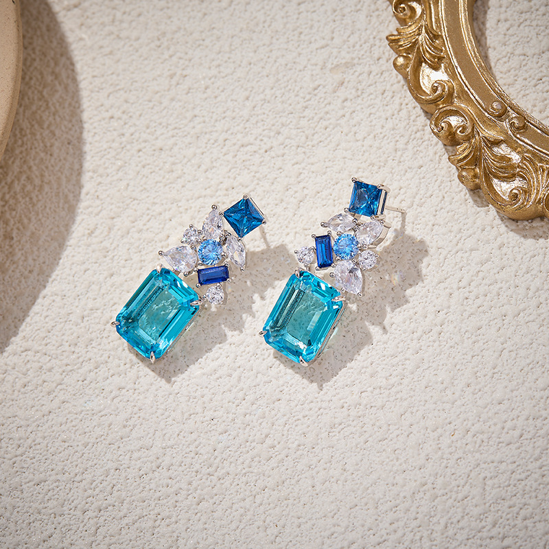 Earrings New Trade Blue Square With Gold-Plated Large Diamond Earrings, Style, Luxurious Texture Earrings, Women's Earrings