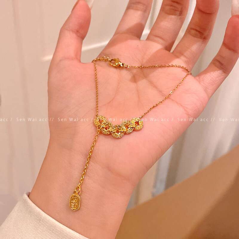 Necklace Gold Plated Crushed Ice Five Emperors Coin Chinese Retro Clavicle Chain Light Luxury Niche for Wedding Cultural Festival Gift High Quality Te