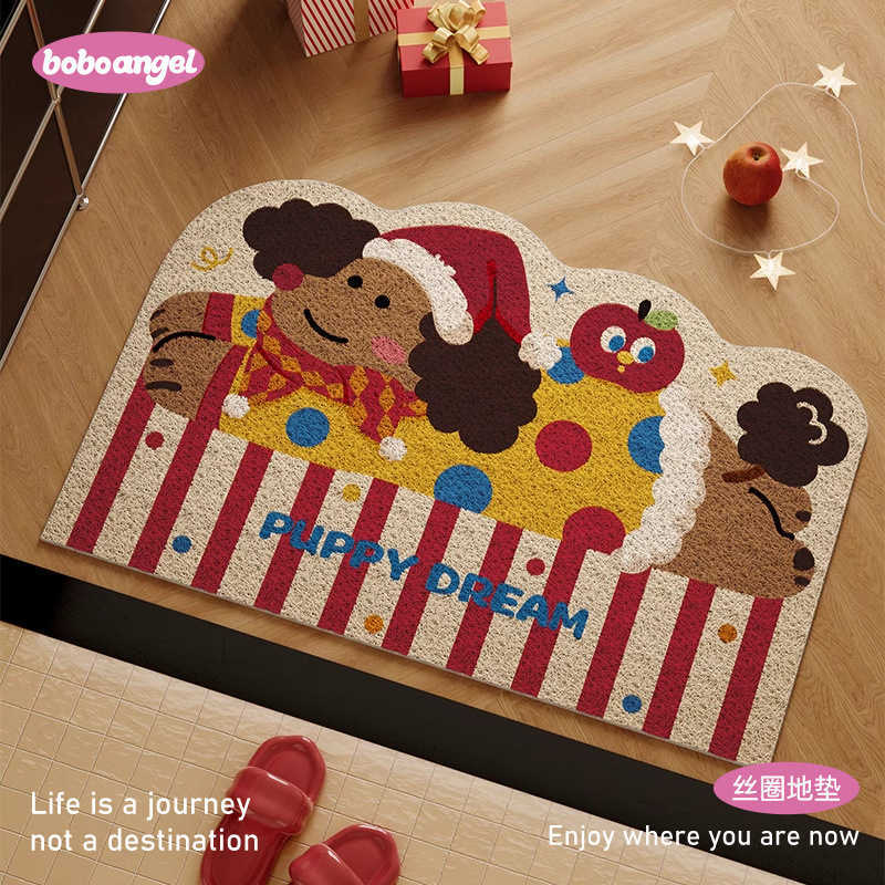 Cartoon Puppy Entryway Doormat Silk Loop Door Mat Household Non-Slip Dirt-Resistant Cuttable Entrance Carpet S260207