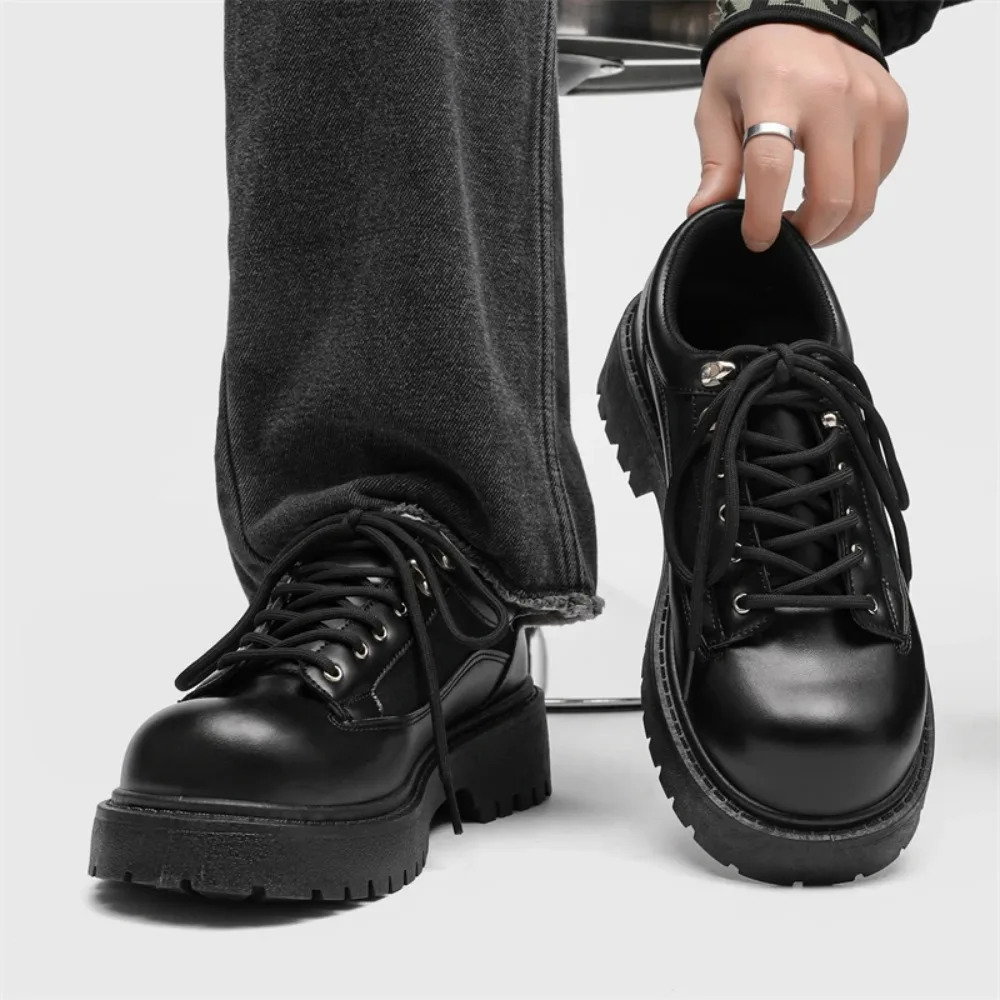 2026 Model Mens Black Casual Leather Shoes Large Toe Small Size Low Heel Thick Sole Heightincreasing Loafers 260126