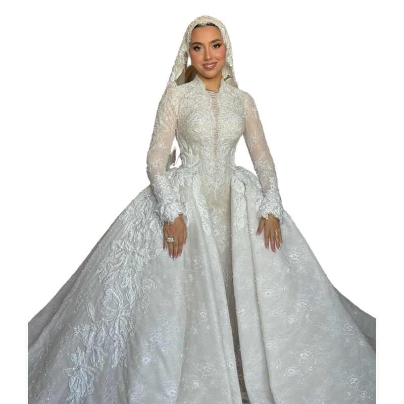 Custom Embroidered and Printed Muslim Wedding Gown Lace Trim Embroidery A Line Skirt Bridal Dress Islamic Bride Church Wedding