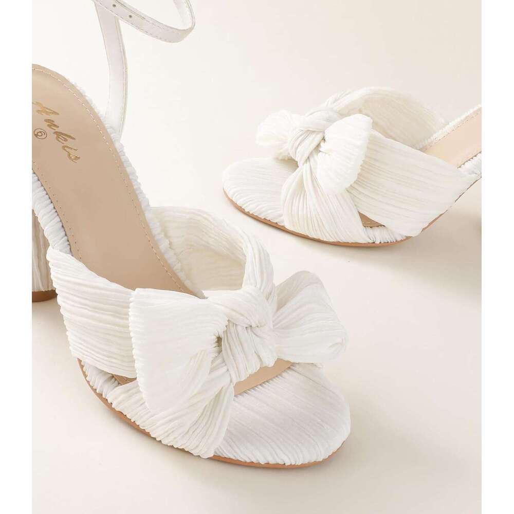 White Gold Bow Wedding Shoes For Bride Inch High Heel Open Toe Ankle Buckle Strap Dressy Pleated Women Shoe Party Graduation Event Summer