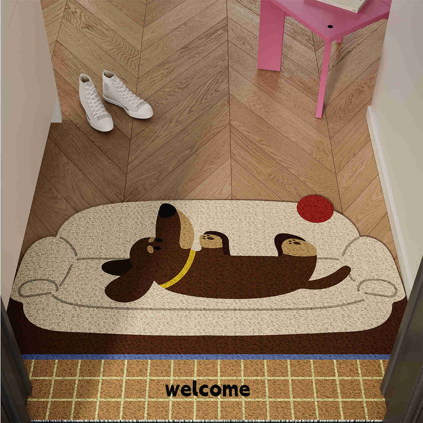 Vintage-style dachshund dog entrance door mat home use dirt-resistant dust-absorbing can be cut to size non-slip foyer mat S260207