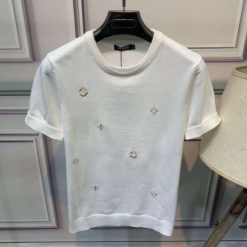 Autumn Winter New Short Round Neck Rhinestone Sweater Fashion Trend T-Shirt Slim Fit Knitted Men's Half Sleeve Base Shirt