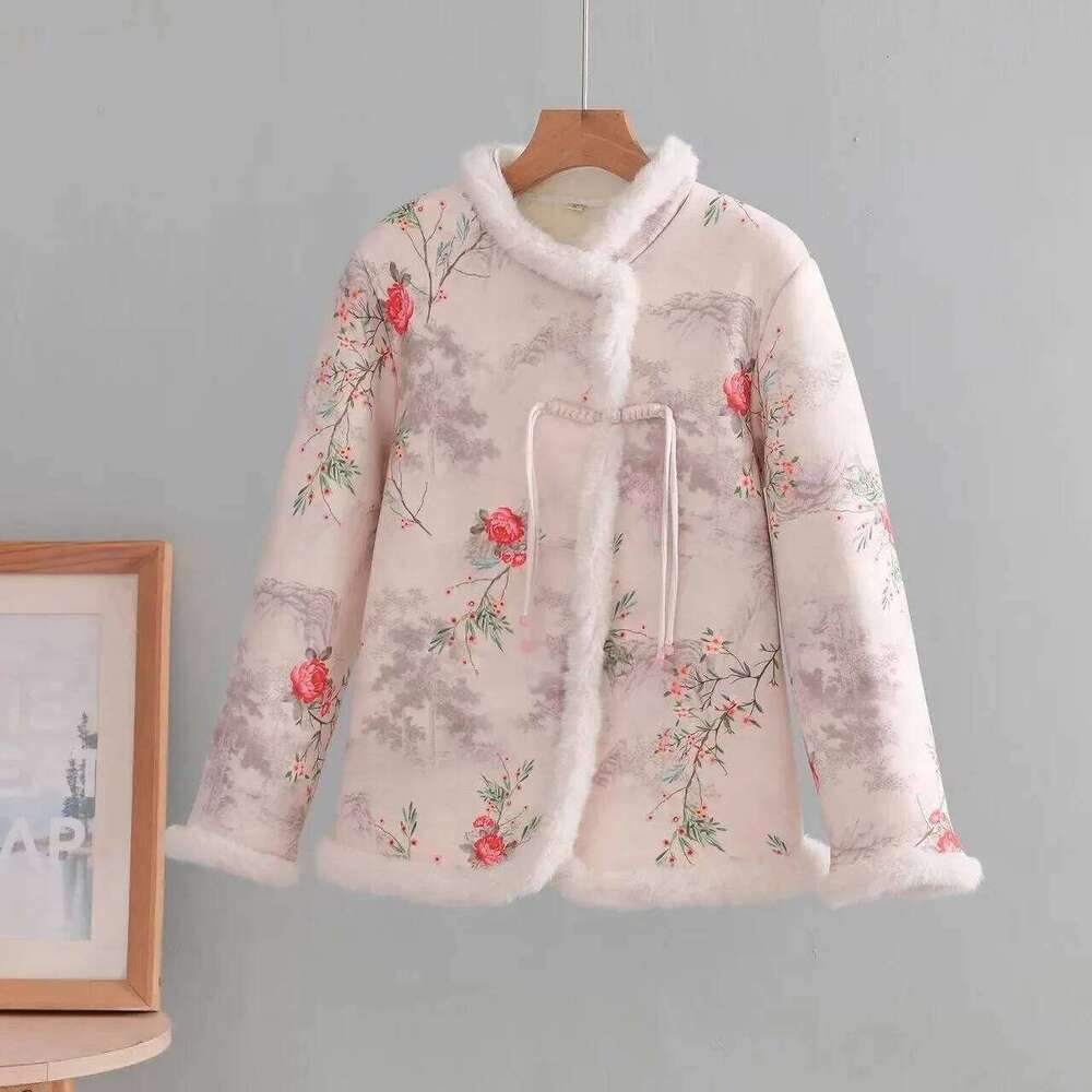 Mardi Hefxessdr Thickened Winter Cotton Jacket Chinese Style National Fashion Button Design Plush Lined Deer Skin Outerwear Top