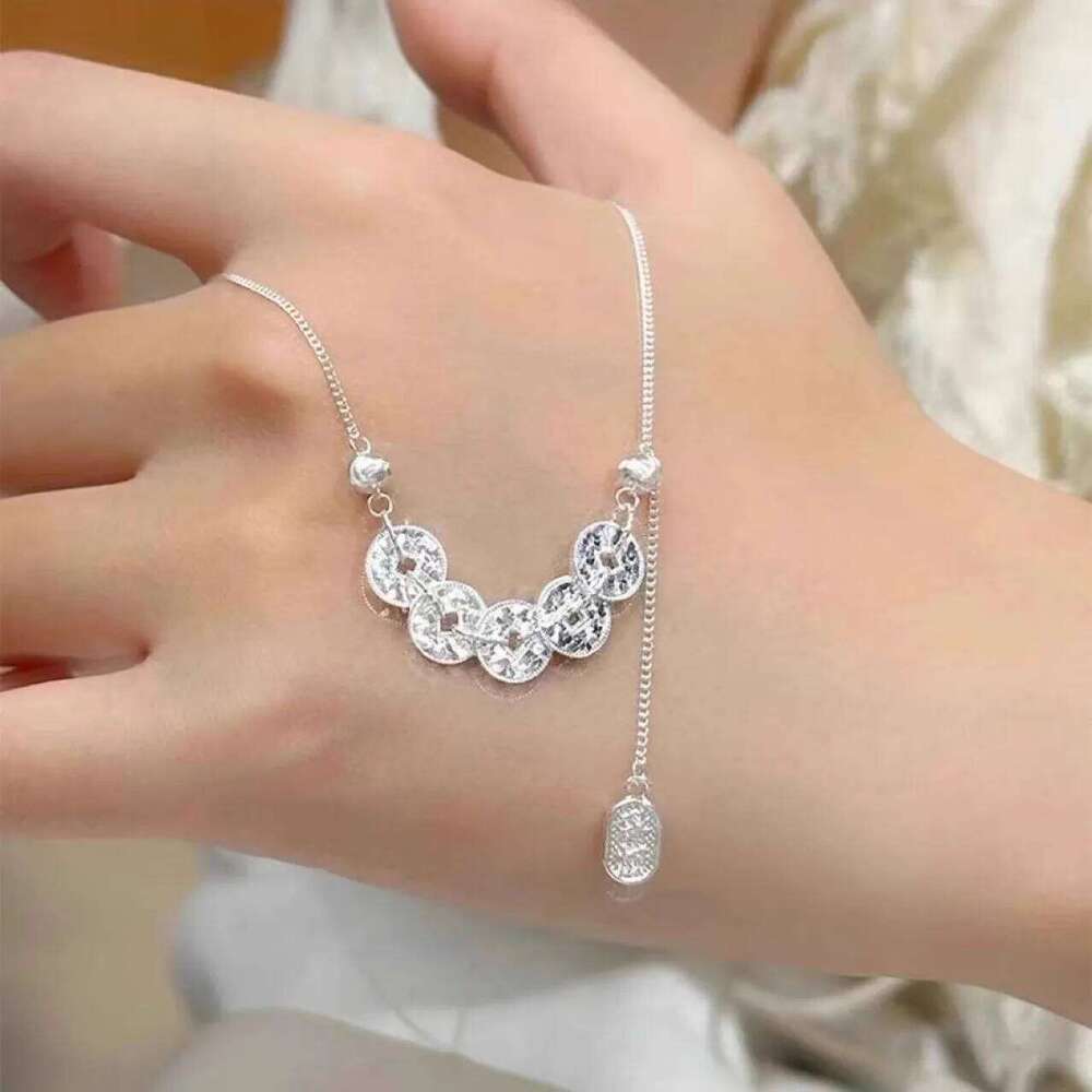 Necklace Gold Plated Crushed Ice Five Emperor Coins with Cubic Zirconia Chinese Style Adjustable Clavicle Chain for Cultural Festival Gift High Qualit