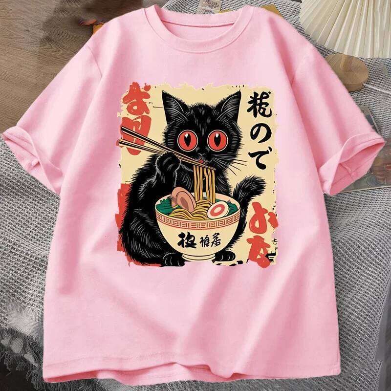 Vintage Japanese Black T Shirts Cute Graphic Funny Cat Eating Ramen Printing Harajuku Short Sleeve Casual X260209