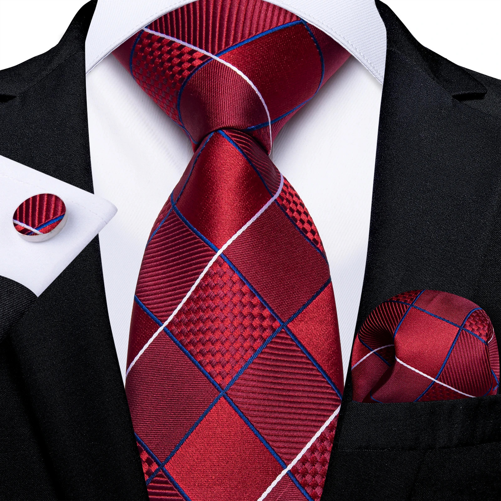 Classical Red Plaid Mens Tie Set Paisley Floral Silk 8cm Necktie Handkerchief Cufflinks Business Wedding Suits Accessories Gift 260208