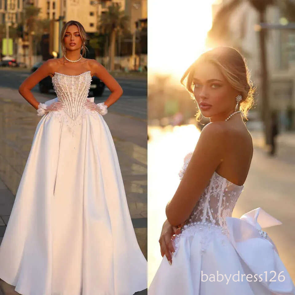 2026 Chic Pearls Lace Dubai Araic A Line Wedding Dresses Modern White Satin Ruched Strapless Basque Waist Vintage Bridal Gowns Bowknot Bride Robes de 