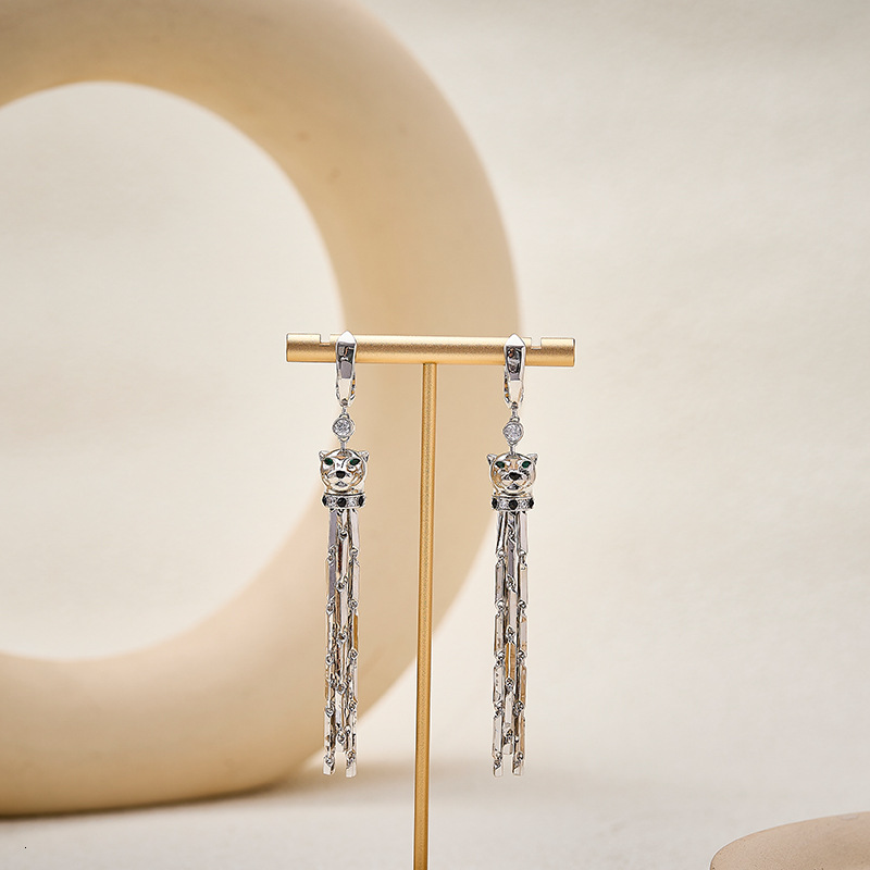 Earrings New Glossy Tassel Earrings Gold-Plated Black Glaze Personality Exaggerated Green-Eyed Leopard Earrings