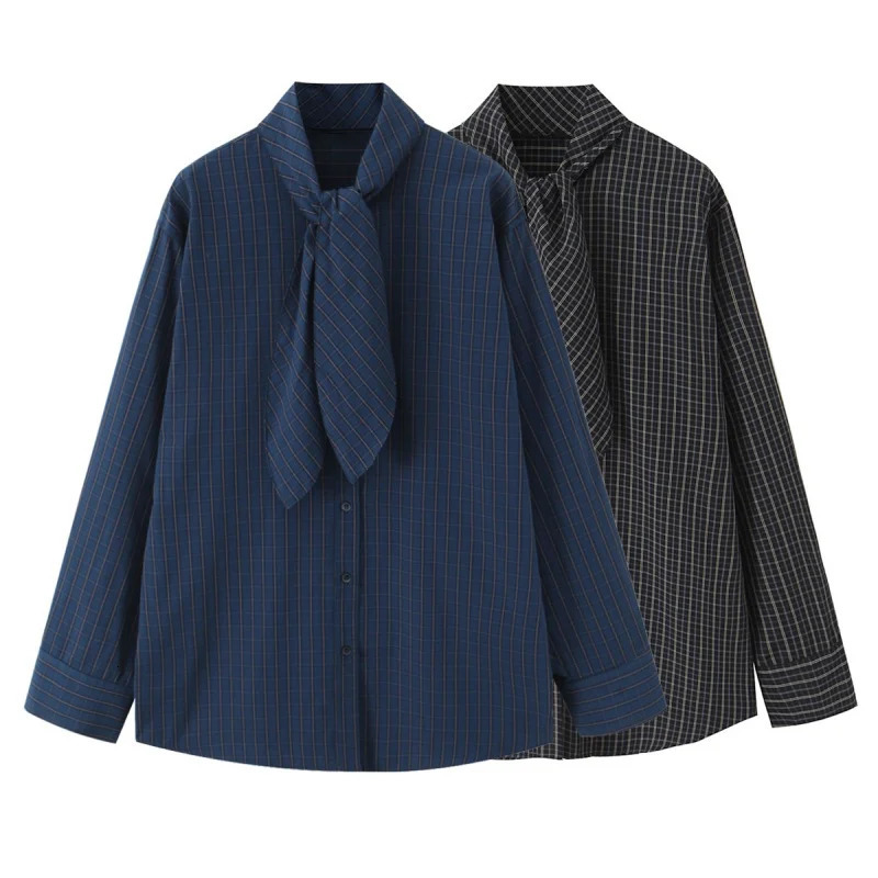 Autumn Scarf Collar Long Sleeve Single Breasted Plaid Shirts Women Versatile Fashionable Blouses Female Casual Chic Wear 260207