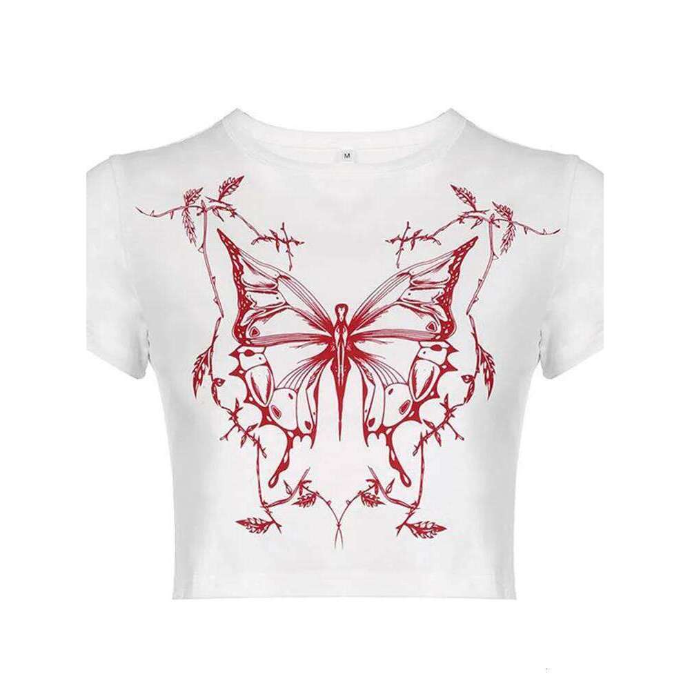 Vintage Fairy Grunge Butterfly Print Short Sleeve O-Neck Crop Top Punk Harajuku E-Girl Tee Y2k 90S Women's Fashion T-Shirt