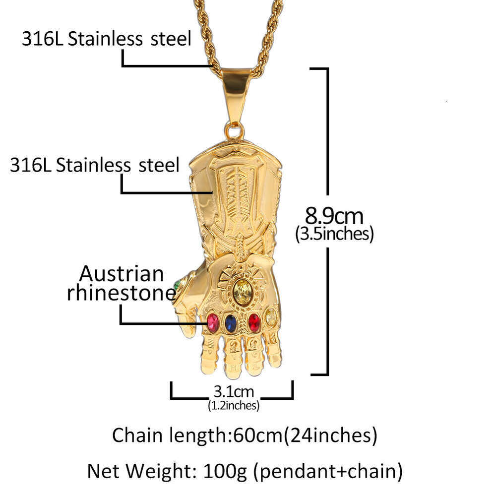 European and American Gold-Plated Diamond-Studded Thanos Infinity Gauntlet Pendant Street Fashion Hip-Hop Stainless Steel Twist Chain Accessories Whol