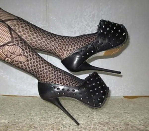 selling punk style solid black color round toe rivets studded high platform dress shoes spike heel woman pumps big size 43 260208