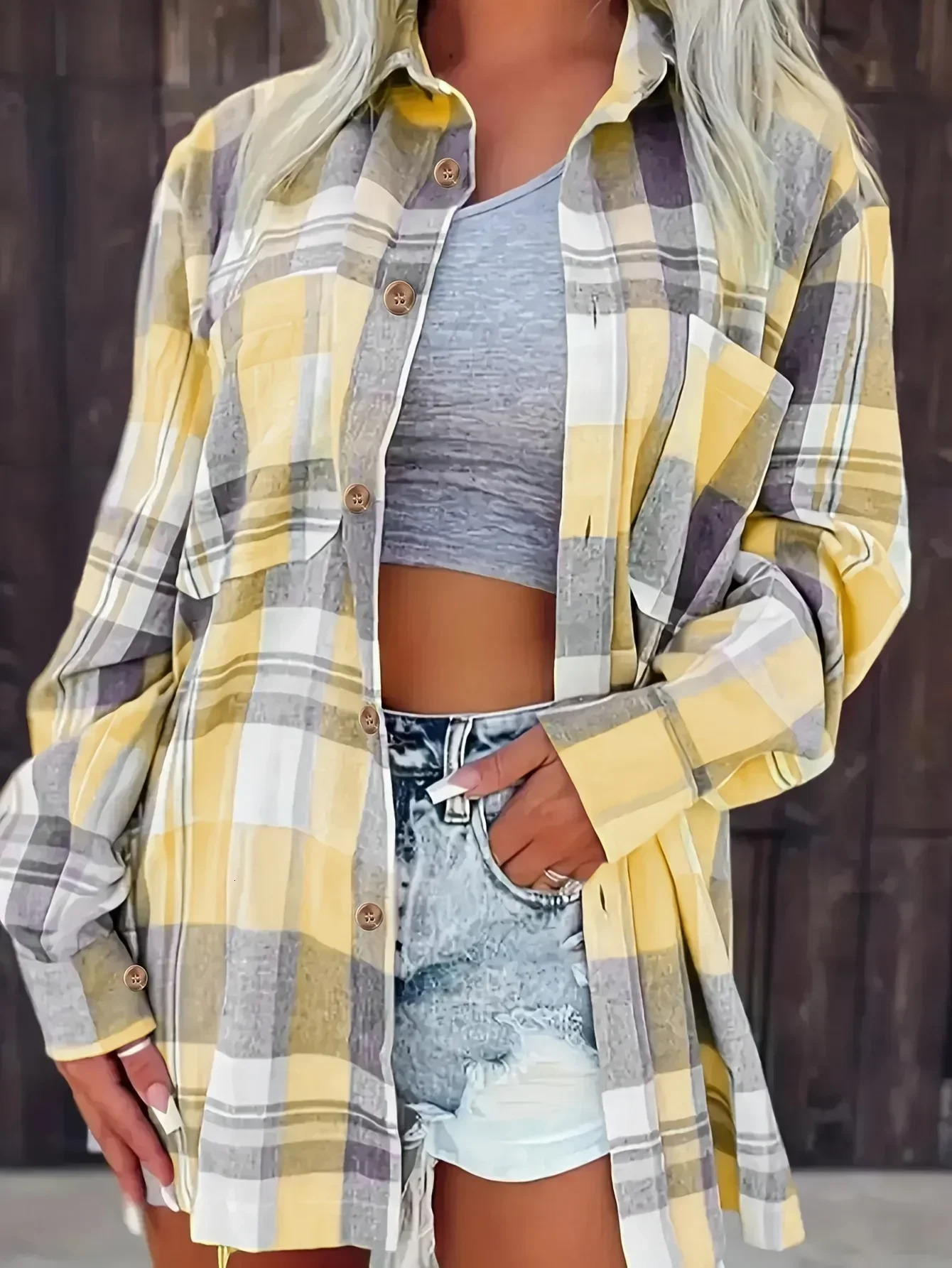 Women Plus Size Fashion Plaid Printed Shirt Casual Loose Long Sleeved Shirt Lapel Shirt Tops 260207