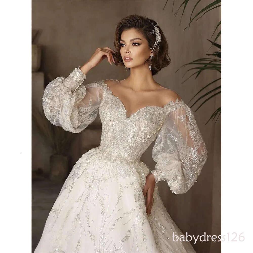 Elegant Tulle O Neck A e Wedding Sweetheart Applique Beading Lace Bridal Gown Illusion Puff Sleeve Princess Bride Dress