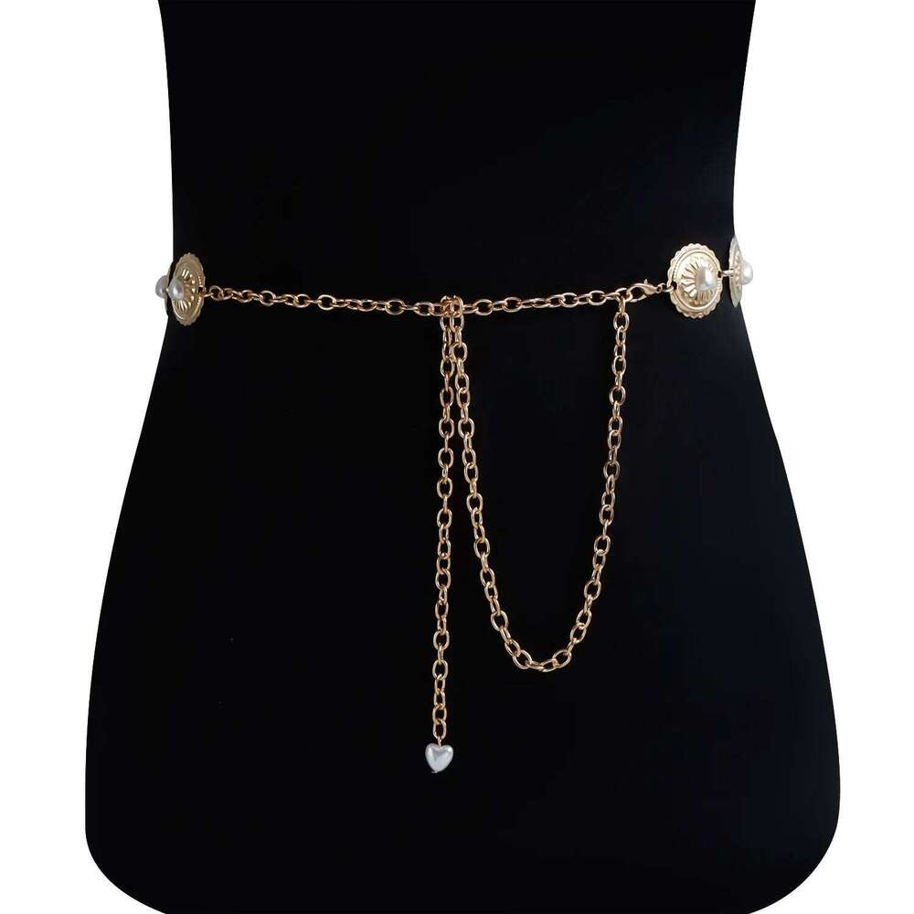 Summer Bohemian Waist Chain Pearl Inlaid Heart Elliptical Links Tribal Body Jewelry Adjustable for Beach Festival X260209