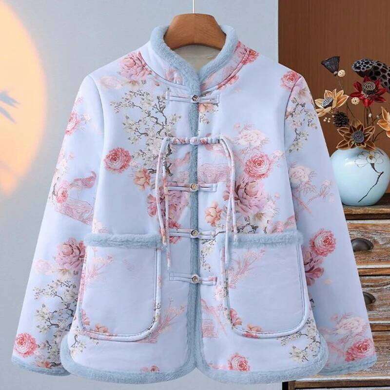 Mardi Hefxessdr New Chinese Style Cotton Coat Women Winter Floral Print Buckle Warm Fleece Lined Thick Tang Suit Jacket Vintage Qipao Outwear