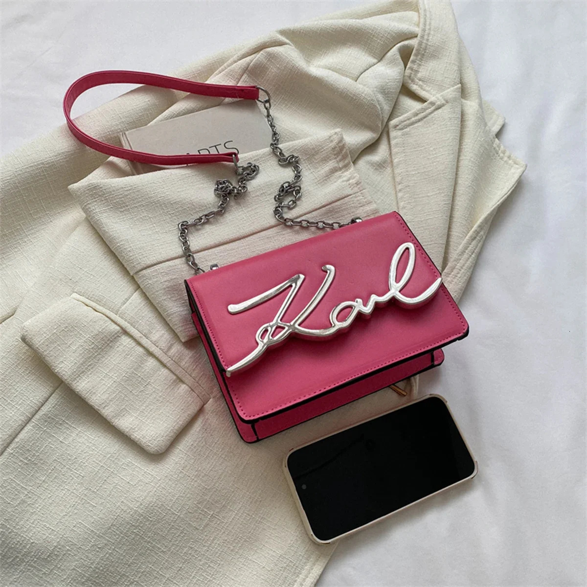 Fashionable Crossbody Bag Solid Color Shoulder Metal Letter ChainLink Strap Featuring Magnetic Button for Daily Use 260208