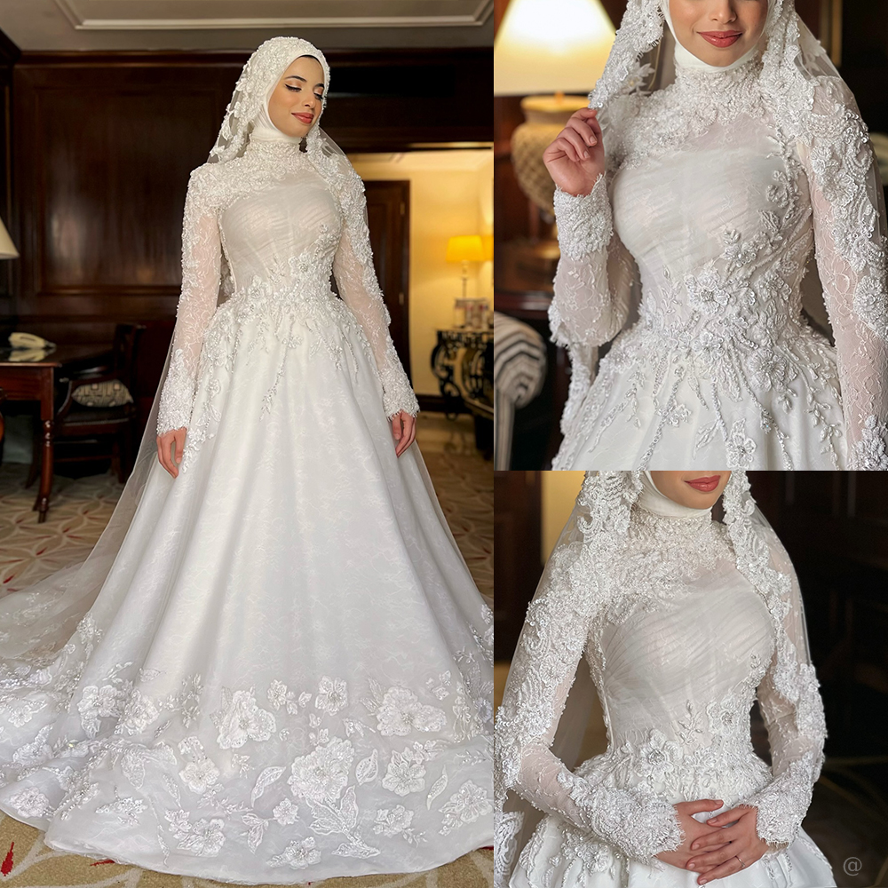 Muslim High Neck Wedding Dresses 3D Floral Appliques Bridal Gowns A Line Princess Long Sleeves Customized Vestidos De Novia Plus Size