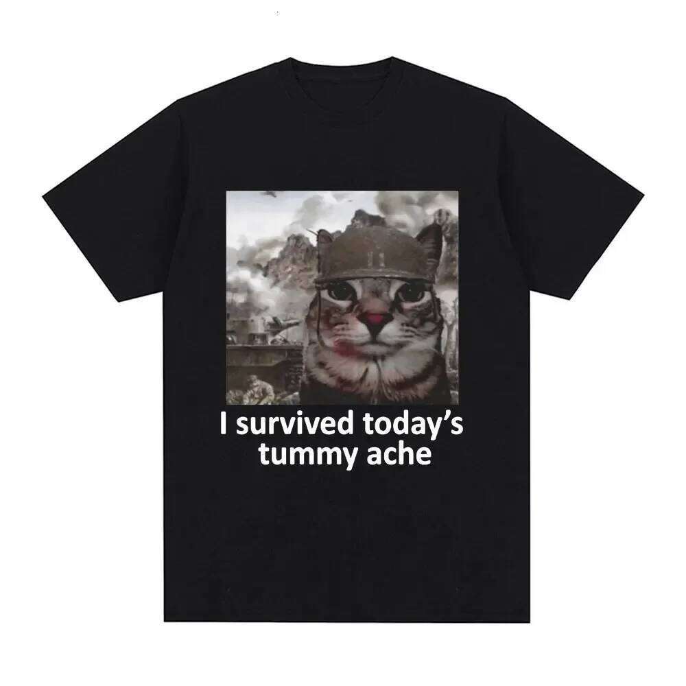 I Survived Today's Tummy Ache T-Shirt Funny Cat Meme Short Sleeve Shirt Men Women Cotton Casual Oversized T Shirts Streetwear X260209