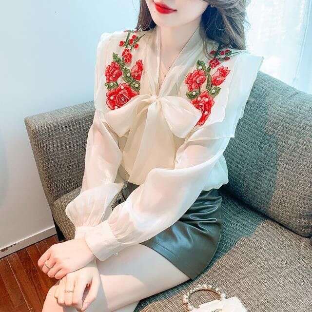 French-Style Bow-Knot Embroidered Chiffon Blouse For Women, 2023 Spring Design, Niche Shirt With A Courtly Style, Long-Sleeved Top