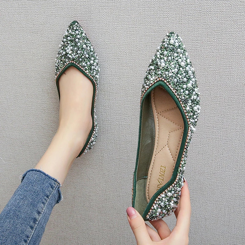 Green Sequin Beading Shoes Woman 2025 Spring Flats OL Ladies Office Work Ballets Pointed Toe Crystal Loafers Female Ballerines 260124