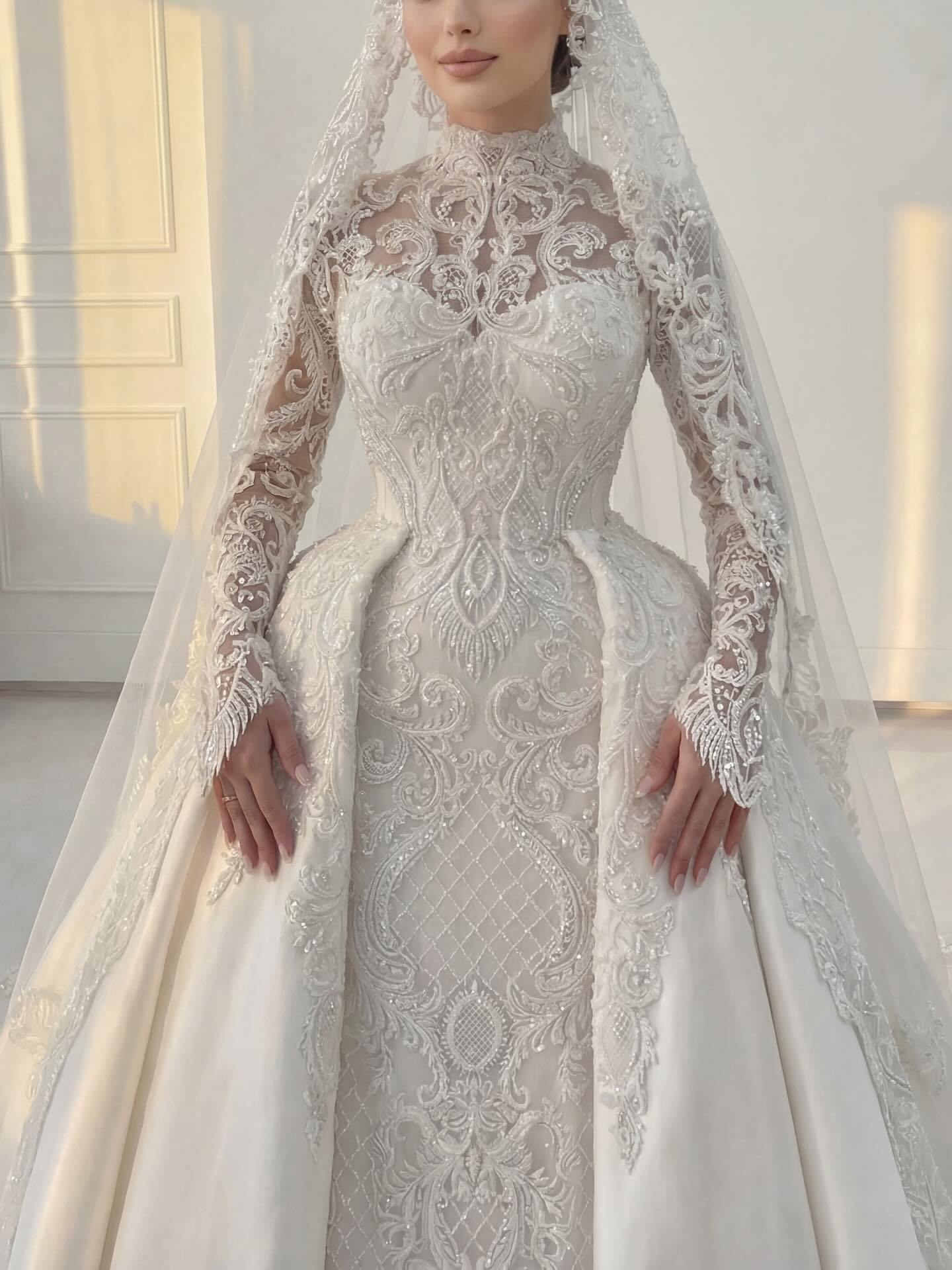 Classic A Line Women Wedding Dress High Collar Long Sleeves Bridal Gowns Lace Detachable Train Dress Custom Made