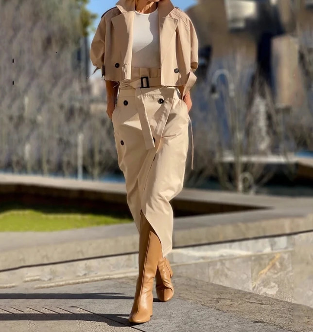 Womens Casual Temperament Two Piece Sets Outfit Notched Collar Long Sleeve Coat Skirt for Women 2 Pieces Autumn 250203